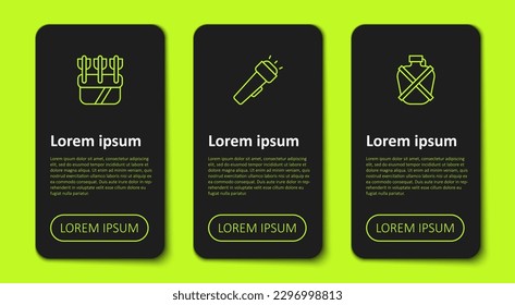 Set Line Quiver mit Pfeilen, Flashlight und Canteen Wasserflasche. Infografik-Vorlage für Unternehmen. Vektorgrafik