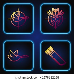 Set line Quiver with arrows, Flying duck, Hunt on duck with crosshairs and Hunt on deer with crosshairs. Gradient color icons. Vector