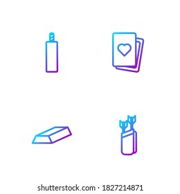 Set line Quiver with arrows, Gold bars, Dynamite bomb and Deck of playing cards. Gradient color icons. Vector
