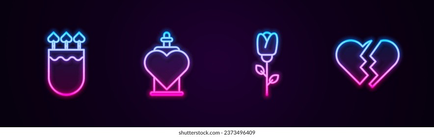 Fijar la línea Quiver y flechas con el corazón, la poción de amor Bottle, la rosa de la flor y Broken. Icono de neón brillante. Vector