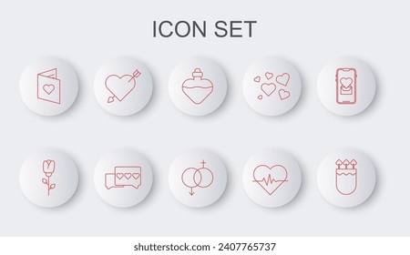 Set line Quiver and arrows with heart, Flower rose, Bottle love potion, Heart rate, Valentines day flyer, Amour, Like and Gender icon. Vector
