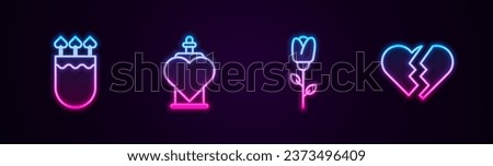 Set line Quiver and arrows with heart, Bottle love potion, Flower rose and Broken. Glowing neon icon. Vector