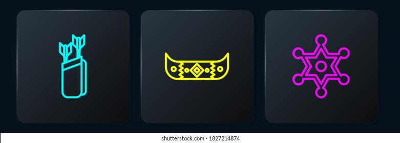 Set line Quiver with arrows, Hexagram sheriff and Kayak or canoe and paddle. Black square button. Vector