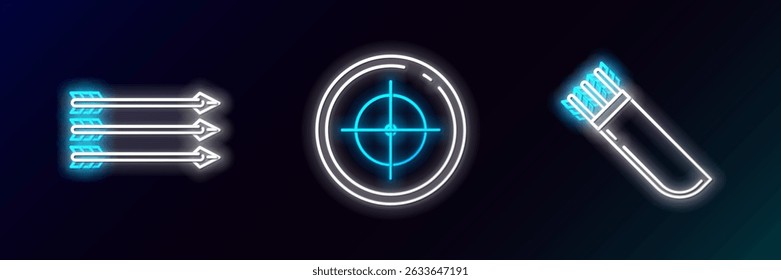Establecer línea Quiver con flechas, Hipster y Target deporte para el icono de la competición de tiro. Brillante neón. Vector