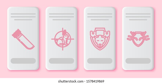 Set line Quiver with arrows, Hunt on rabbit with crosshairs, Moose head on shield and Deer antlers on shield. White rectangle button. Vector