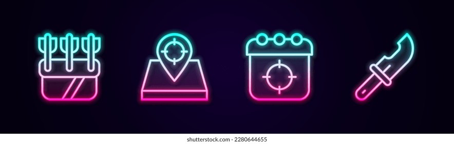 Set line Quiver with arrows, Hunt place, Target sport and Hunter knife. Glowing neon icon. Vector