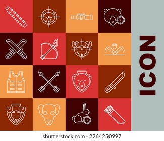 Fijar la línea Quiver con flechas, Cuchillo de caza, Caza de trampas, Vista óptica de francotirador, Incendio y fuego, Cazador cruzado, Cartuchos de caza y sobre un icono de cruz de alce. Vector