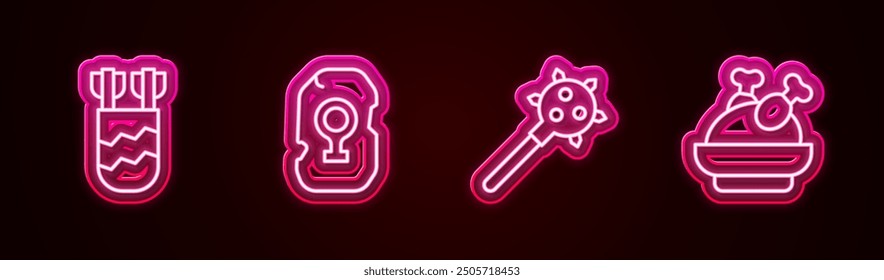 Fija la línea de Quiver con flechas, runa mágica, púas de maza y pavo asado o pollo. Icono de neón brillante. Vector