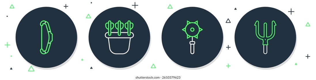 Set line Quiver with arrows, Medieval chained mace ball, bow and Neptune Trident icon. Vector