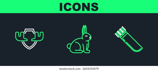 Set line Quiver with arrows, Moose horns on shield and Rabbit icon. Vector