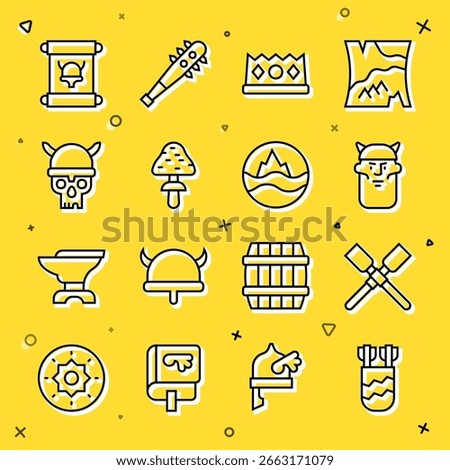 Set line Quiver with arrows, Oars or paddles boat, Viking head, King crown, Mushroom, Skull viking helmet, Decree, parchment, scroll and Sea and waves icon. Vector