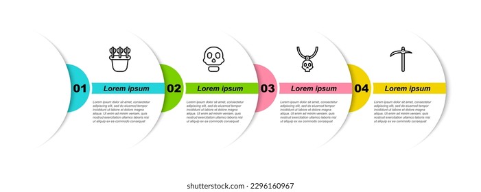 Set line Quiver with arrows, Skull, Necklace amulet and Pickaxe. Business infographic template. Vector