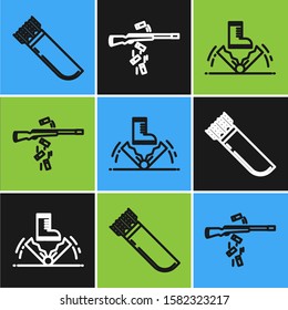 Set line Quiver with arrows, Trap hunting and Gun shooting icon. Vector
