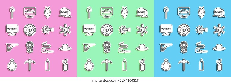 Línea Quiver con flechas, sombrero de vaquero occidental, sheriff de Hexagram, bandana de vaquero, cilindro de Revolver, puntero al oeste salvaje, Shovel e icono de Spur. Vector