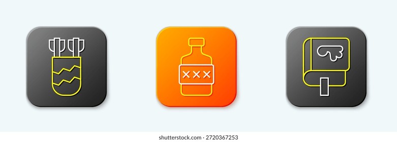 Establecer línea Quiver con flechas, botella de whisky e icono de libro vikingo. Vector
