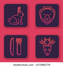 Set line Rabbit, Bow and arrow in quiver, Bear head on shield and Deer head with antlers. Blue square button. Vector