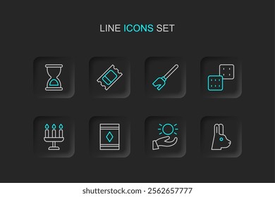 Set line Rabbit with ears, Ball levitating above hand, Magic carpet, Candlestick, Game dice, Witches broom, Circus ticket and Old hourglass icon. Vector