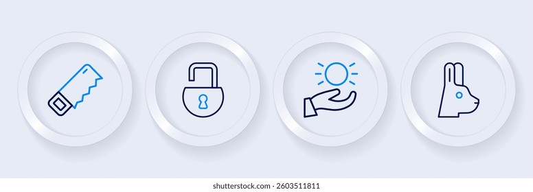 Set line Rabbit with ears, Ball levitating above hand, Open padlock and Hand saw icon. Vector