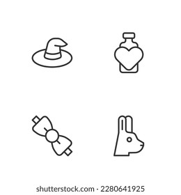 Set line Rabbit with ears, Bow tie, Witch hat and Bottle love potion icon. Vector