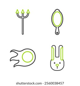 Set line Rabbit with ears, Fireball, Magic hand mirror and Neptune Trident icon. Vector