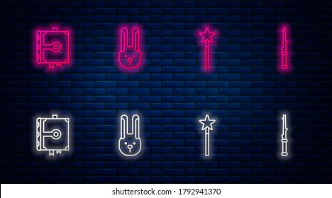 Set line Rabbit with ears, Magic wand, Ancient magic book and . Glowing neon icon on brick wall. Vector
