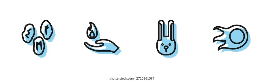 Set line Rabbit with ears, Magic runes, Hand holding fire and Fireball icon. Vector