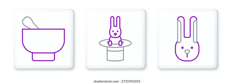 Fije la línea de conejo con orejas, mortero mágico y mortero e icono de conejo de sombrero de mago. Vector