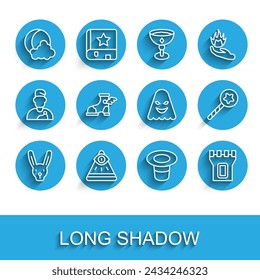 Set line Rabbit with ears, Masons, Moon and stars, Magic hat, Castle tower, Hermes sandal, wand and Ghost icon. Vector