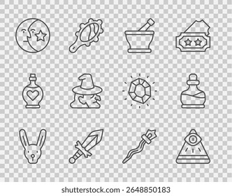 Set line Rabbit with ears, Masons, Mortar and pestle, Medieval sword, Moon stars, Witch, Magic staff and Bottle potion icon. Vector