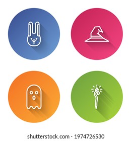 Set line Rabbit with ears, Witch hat, Ghost and Magic staff. Color circle button. Vector
