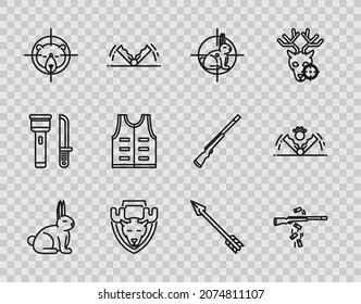 Set line Rabbit, Gun shooting, Hunt on rabbit with crosshairs, Moose head shield, bear, Hunting jacket, Hipster arrow and Trap hunting icon. Vector