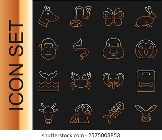 Set line Rabbit head, Dog bone, Owl bird, Butterfly, Snake, Monkey,  and Goose icon. Vector
