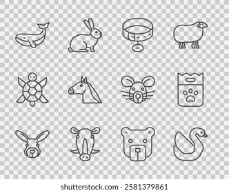 Set line Rabbit head, Swan bird, Collar with name tag, Wild boar, Whale, Horse, Bear and Bag of food icon. Vector