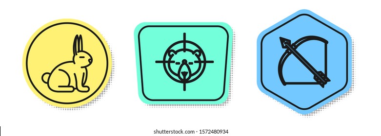 Set line Rabbit, Hunt on bear with crosshairs and Bow and arrow in quiver. Colored shapes. Vector