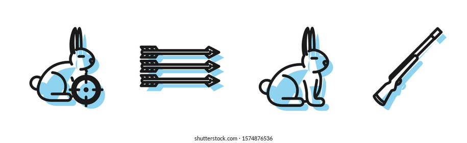 Set line Rabbit, Hunt on rabbit with crosshairs, Hipster arrows and Hunting gun icon. Vector