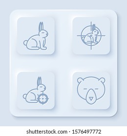 Set line Rabbit, Hunt on rabbit with crosshairs, Hunt on rabbit with crosshairs and Bear head. White square button. Vector