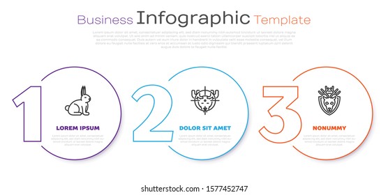 Set line Rabbit, Hunt on moose with crosshairs and Deer head with antlers on shield. Business infographic template. Vector