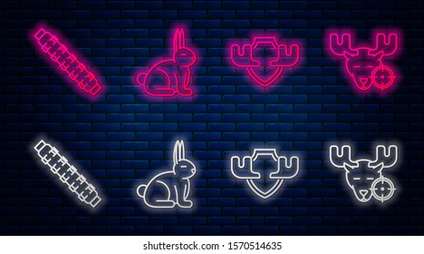 Set line Rabbit, Moose horns on shield, Hunting cartridge belt with cartridges and Hunt on moose with crosshairs. Glowing neon icon on brick wall. Vector