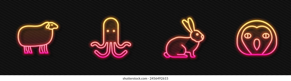 Set line Rabbit, Sheep, Octopus and Owl bird. Glowing neon icon. Vector