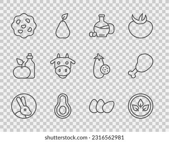 Set line Rabbit, Vegan food diet, Bottle of olive oil, Avocado fruit, Cookie or biscuit, Cow head, Chicken egg and leg icon. Vector