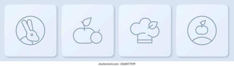 Set line Rabbit, Vegan food diet, Apple and . White square button. Vector