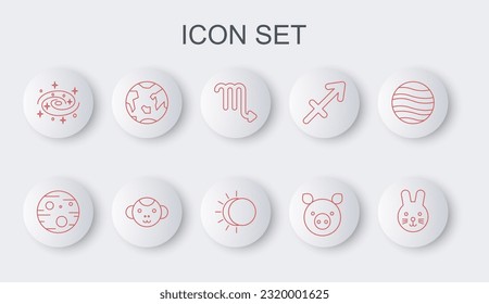 Set line Rabbit zodiac, Planet Mars, Scorpio, Pig, Milky way spiral galaxy, Earth, Monkey and Eclipse of the sun icon. Vector