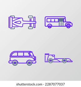 Set line race car, Retro minivan, School Bus and  icon. Vector