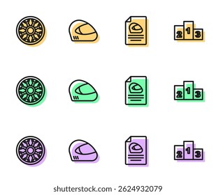Definir linha Capacete de corrida, roda de liga para o carro, e Prêmio sobre esportes vencedor pódio ícone. Vetor