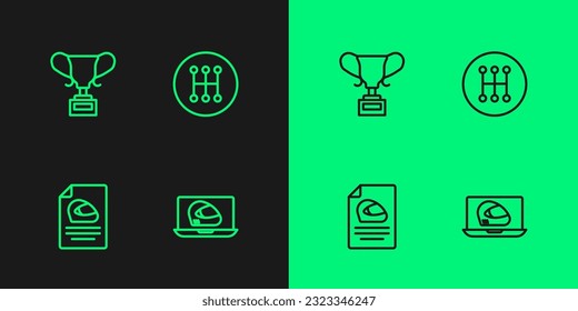 Set line Racing helmet, Award cup and Gear shifter icon. Vector