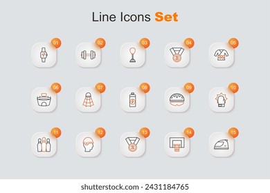 Set line Racing helmet, Basketball backboard, Medal, Baseball, Bowling pin, Punch boxing gloves, Bicycle and Fitness shaker icon. Vector
