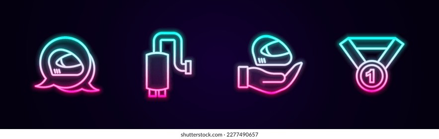 Set line Racing helmet, Car muffler,  and Medal. Glowing neon icon. Vector