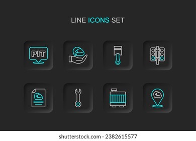 Set line Racing helmet, Car radiator cooling system, Wrench spanner, traffic light, Engine piston,  and Pit stop icon. Vector