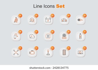 Set line Racing helmet, Car tire wheel, Gear shifter, Check engine, Wheel wrench, Nitrous oxide,  and  icon. Vector