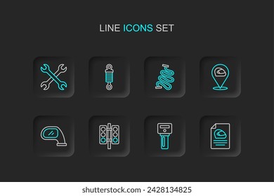 Set line Racing helmet, Car key with remote, traffic light, mirror, track, Shock absorber and Wrench spanner icon. Vector